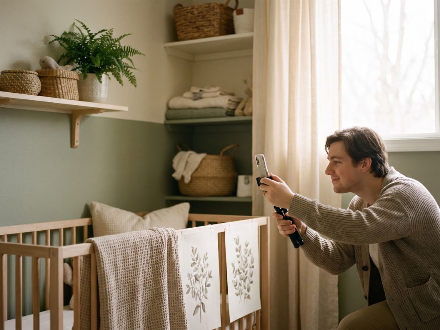 Creator filming nursery content with warm natural light